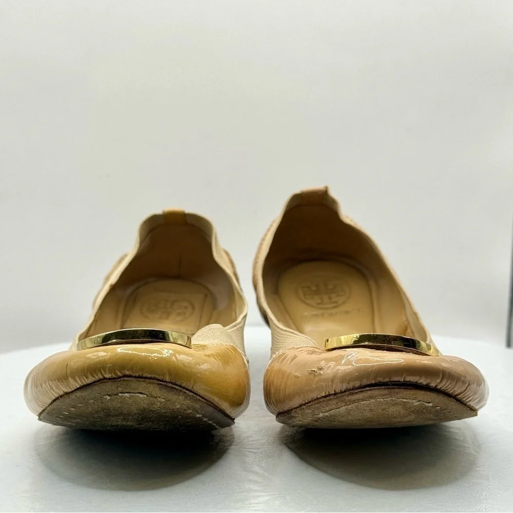 Tory Burch Women’s Claire Elastic Patent‎ Leather Logo Ballet Tan&Gold Flats 7.5
